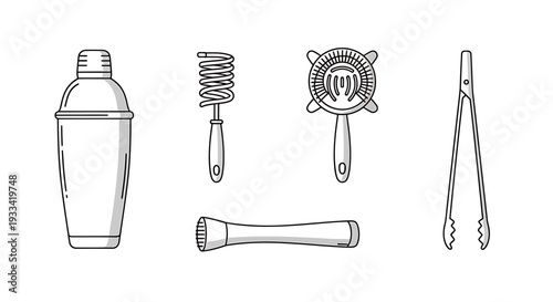 Cocktail shaker, muddler, jigger, and tongs set for mixing and preparing drinks