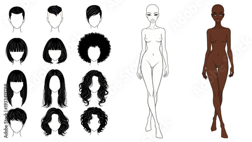 Diverse collection of character hairstyles showcasing various lengths, textures, and styles, paired with adaptable fashion croquis templates, ideal for design projects and creative style exploration