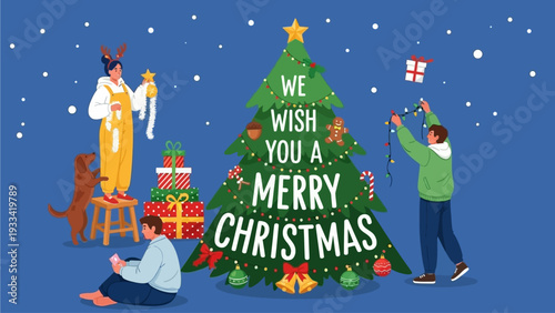 Festive people gather to joyfully decorate a towering Christmas tree with lights and ornaments, surrounded by gifts, celebrating the heartwarming spirit of holiday preparations