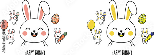 Two cartoon bunnies with easter eggs and spring flowers