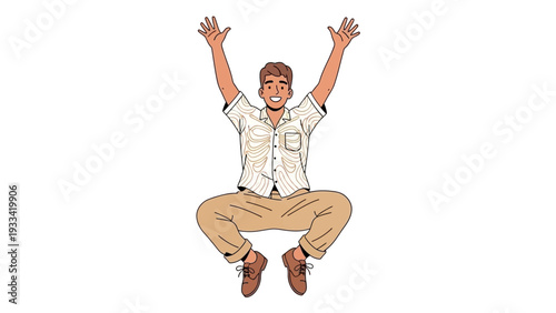 Joyful young man leaps into the air with enthusiastic energy, celebrating success and freedom with a wide smile and raised arms, depicted in a clean, modern cartoon style