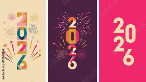 Dynamic graphic designs celebrating the year 2026, featuring a festive array of colorful fireworks and abstract celebratory elements, ideal for new year's greeting cards and digital media