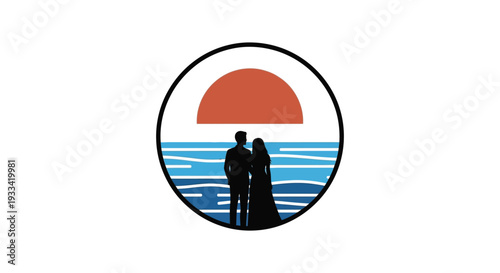 Couple watching sunset over ocean waves in minimalist illustration with warm orange tones for travel branding
