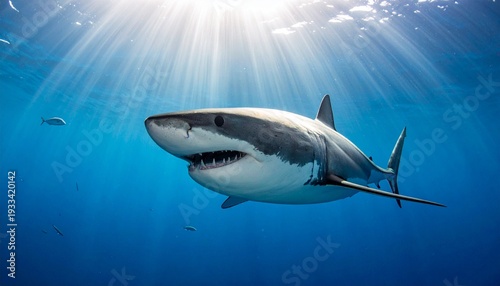 Wallpaper Mural A shark swims underwater with sun rays shining through the ocean water around it Torontodigital.ca