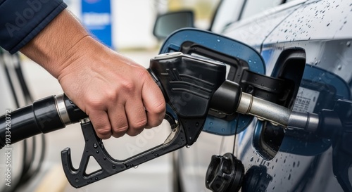 Concept of rising oil prices featuring a hand pumping gasoline into a modern automobile.