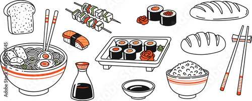 A colorful illustration of various japanese sushi and food items