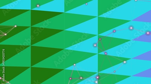 Geometric pattern of green and blue triangles with scattered dots and lines.