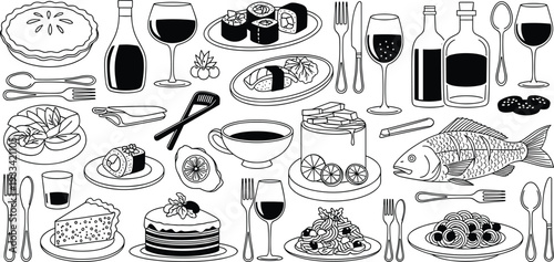 Variety of food and drink items on a table