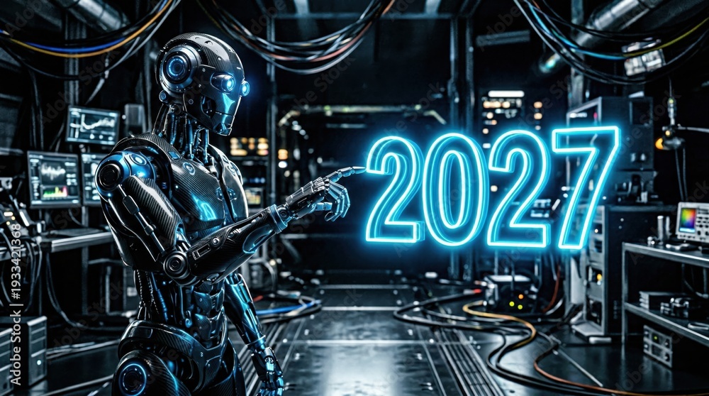 Fototapeta premium Robot presenting glowing 2027 number in industrial tech room. New Year 2027 futuristic concept.