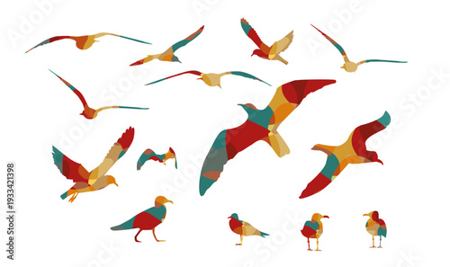 Set of colored seagulls . hand drawing. Not AI. Vector illustration.