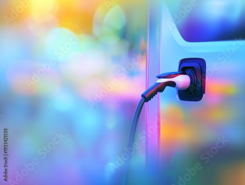 Vibrant neon close up of a hand plugging a charger into an electric car