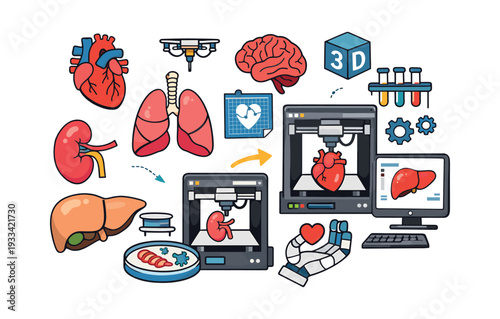 Bioprinting human organs like heart, kidney, liver, lungs, and brain, showing the process of regenerative medicine and biotechnology