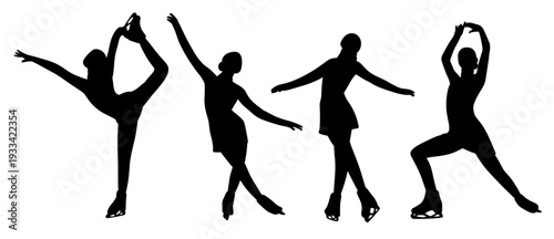 Black silhouette set of a female figure skater performing elegant poses and spins on ice. Minimal vector illustration perfect for winter sports design, competition posters, logos,  athletic branding