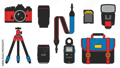 Photography Gear Flat Lay DSLR Camera Lenses Tripod Flash SD Card Strap Bag Accessories for Professional Photographers and Hobbyists Vector Illustration