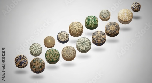 Collection of ornate vintage decorative round boxes with intricate patterns