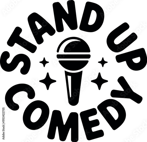 A graphic design for a stand-up comedy show featuring a microphone and stars on a white background