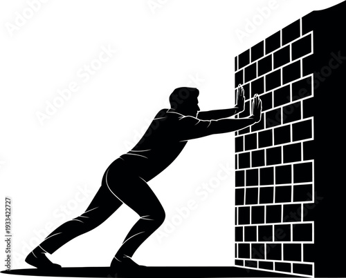 A man pushing a large brick wall with effort and determination