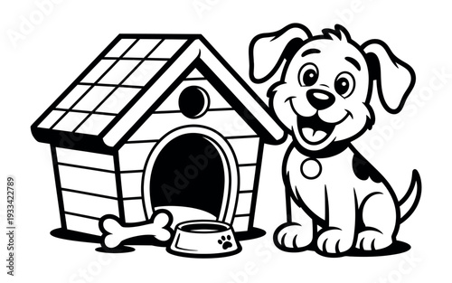 A happy cartoon dog sitting next to its cozy doghouse with a bone and food bowl