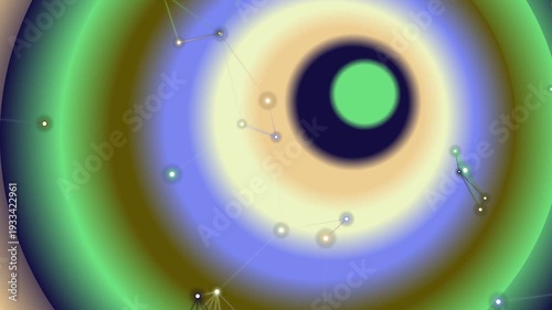 Vibrant abstract background with concentric circles and glowing elements.