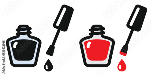 Cute and simple bottle of nail polish with brush icon set in flat style. Beauty cosmetic symbol isolated on transparent background, editable stroke vector for manicure and salon design.