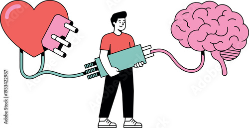 A man connecting his heart and brain with an electrical plug