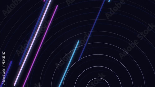 Vibrant neon lights intersecting with concentric circles on dark background.