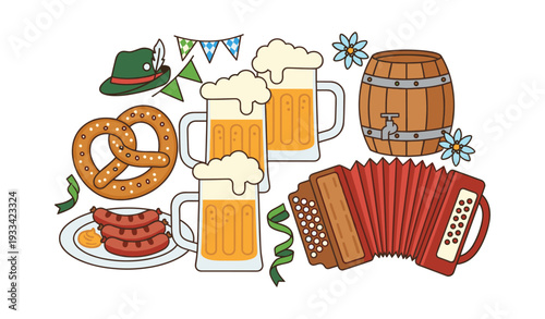 Presenting objects representing Oktoberfest, including beer, food, instruments, and traditional attire, for festive Bavarian culture