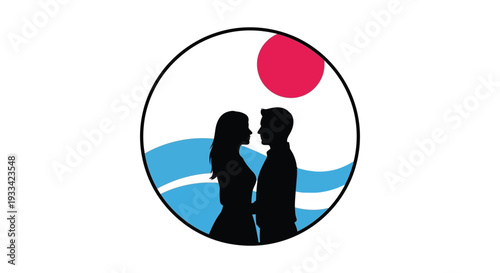 Loving couple silhouette in minimalist circular frame with sunset for romantic greeting