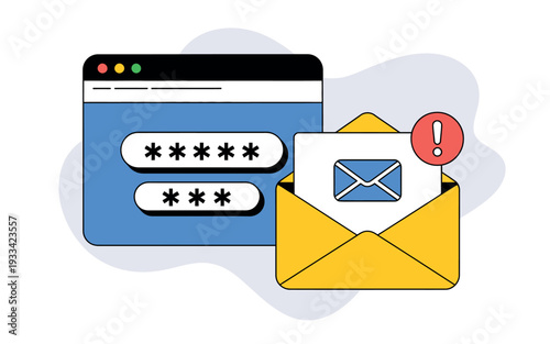 A cartoon illustration of a browser login page with a password and username field next to an open yellow envelope with a notification.