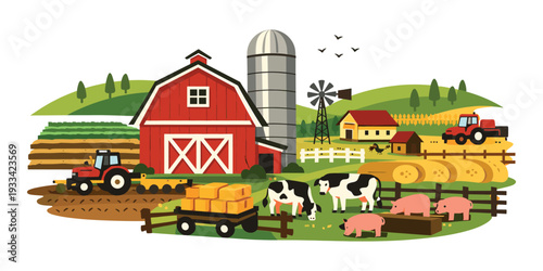 Farm scene illustrating rural life with farming activities. Tractor working, barn, silo, and grazing animals creating a rich countryside landscape