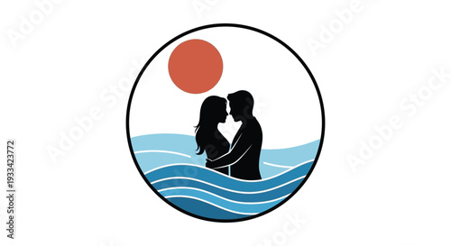 Loving couple silhouette in ocean waves at sunset for romantic greeting