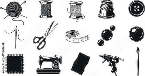 A collection of sewing and tailoring tools arranged neatly on transparent background