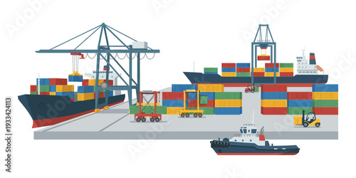 Global logistics and supply chain operations. Container ships loading and unloading cargo at a busy port, with tugboat and forklifts