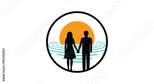 Silhouette of couple holding hands in water at sunset romantic serene warm lighting circular frame for love and relationship