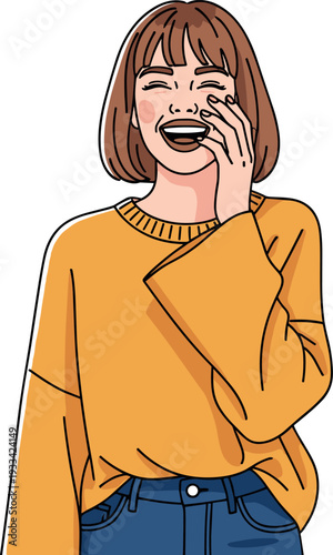 A woman with a joyful expression wearing a mustard yellow sweater on transparent background