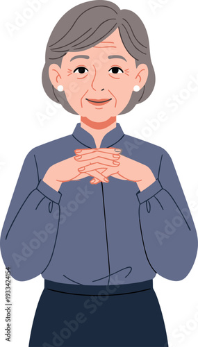 An elderly woman dressed in business casual holding her hands together on transparent background