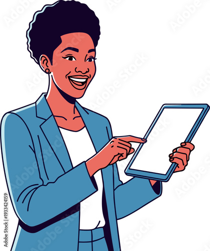 A confident black businesswoman using a tablet on transparent background