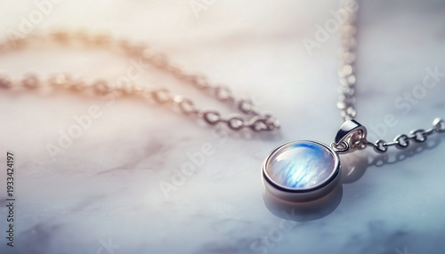 Moonstone Pendant Necklace on White Marble Table with Blurred Luxury Background, Premium Macro Jewelry Advertising