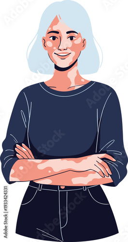 A woman with vitiligo and gray hair standing with arms crossed on transparent background