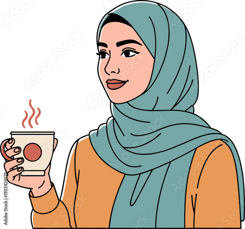 A woman wearing a hijab drinking a hot beverage in a thoughtful pose on transparent background