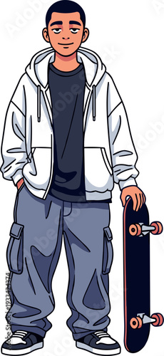 A young boy dressed casually holding a skateboard on transparent background