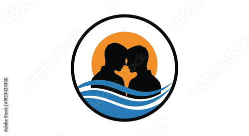 LGBTQ couple silhouette logo in circular frame with sunset background for love and pride branding