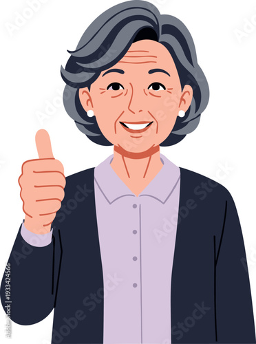 A smiling senior woman giving a thumbs-up gesture on transparent background