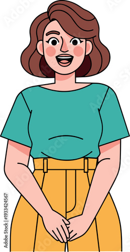 A cheerful woman with shoulder-length hair smiling in a professional setting on transparent background