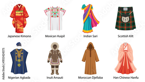 Traditional World Clothing Set. Diverse Cultural Garments and National Costumes Icons. Global Fashion Collection Illustration.
