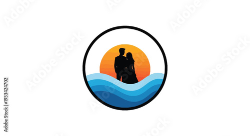 Silhouette of couple standing on beach at sunset in circular frame with orange and blue colors for travel brochure