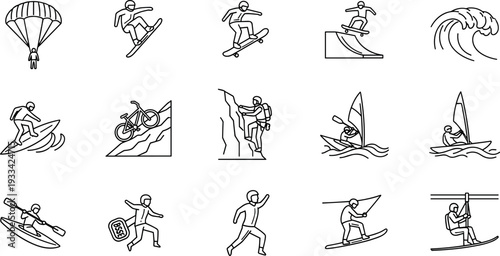 A collection of black and white icons depicting various extreme sports activities on transparent background
