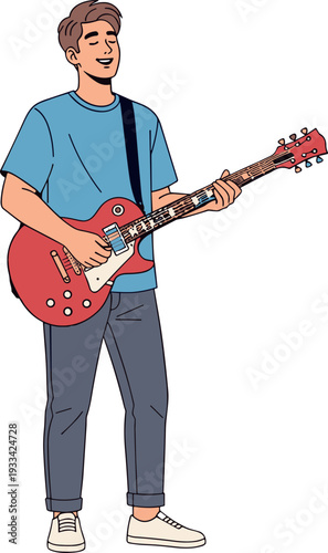 A young man playing an electric guitar on transparent background