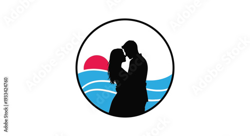 Loving couple silhouette romantic sunset ocean waves circular logo for wedding or travel branding