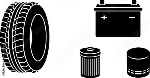 A collection of automotive filters and a car tire on transparent background